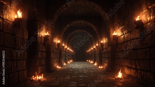 Dark corridor with torches lighting stone walls and floor in a dungeon