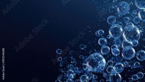 Abstract Blue Bubbles Rising in Dark Water Background.