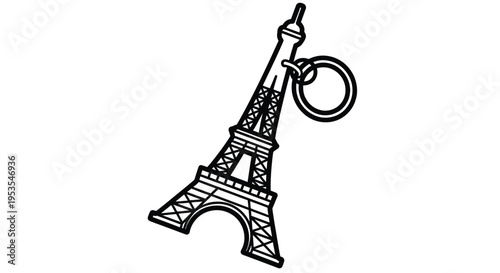 Minimalist black and white Eiffel Tower keychain doodle illustration ideal for travel and souvenir designs