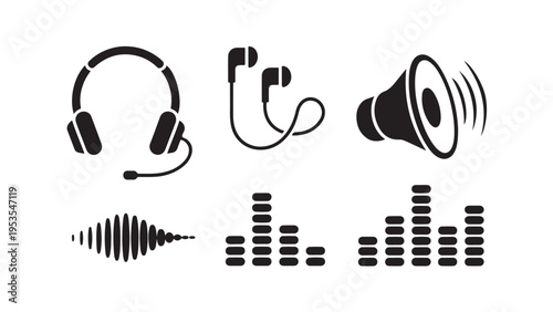 Black and white audio equipment and sound wave headset