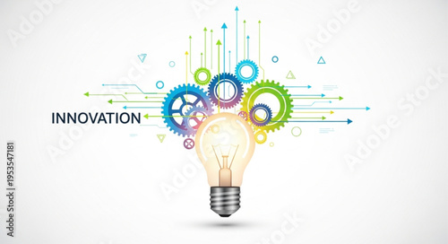 Innovation Concept - Light Bulb with Gears and Colorful Connections Representing Ideas.
