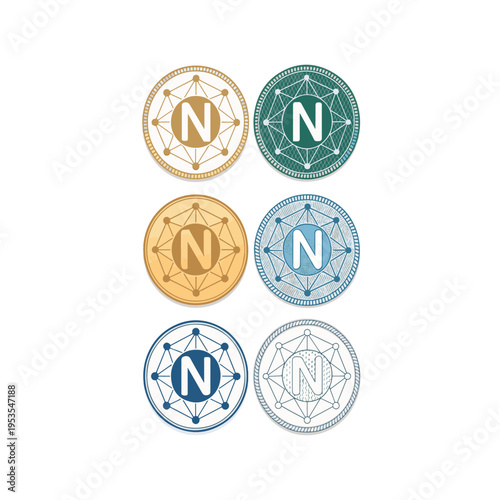 Network icons with letter N dollar sign globe checkmark and compass connection technology.