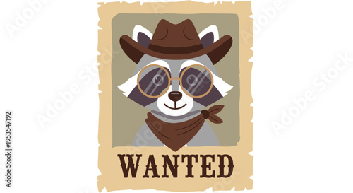 Wanted poster featuring a cute raccoon wearing a cowboy hat and round spectacles in the wild west