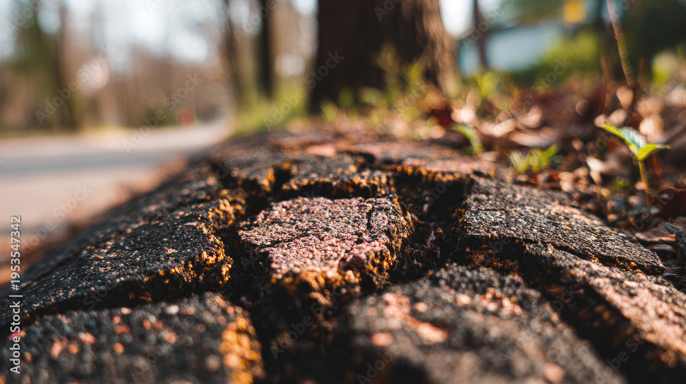 Naklejka premium Closeup of weathered tree stump with cracked bark and emerging greenery.