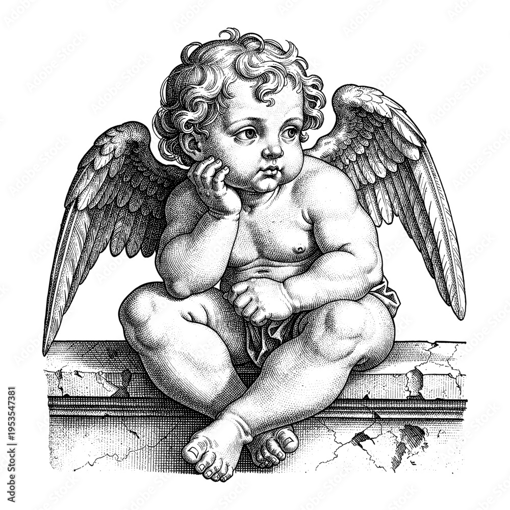 Obraz premium Thinking cherub angel with wings in vintage hand drawn engraving