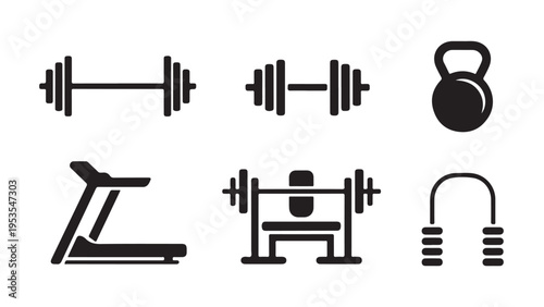 Black and white gym equipment set barbell dumbbell