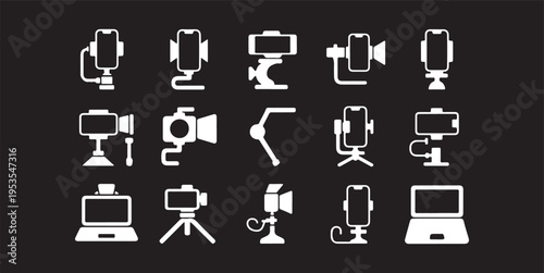 Professional Video Recording Equipment Icons – Camera, Tripod, Mobile Holder & Streaming Setup Collection