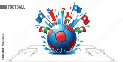 Colorful football splash illustration with international flags, soccer ball burst on field, dynamic sports background, championship energy concept, creative vector design, modern artwork