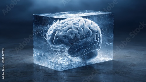 Frozen brain in ice block displays human thoughts and emotions captured in time at indoor setting