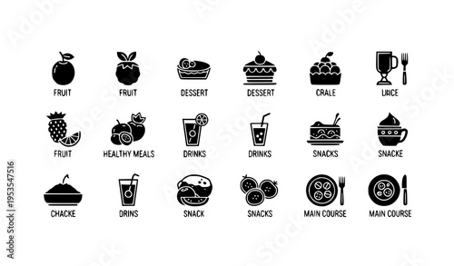 Minimal menu section icon set with fruit dessert healthy and food category symbols in black vector