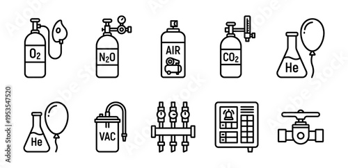Medical and industrial gas icon set with oxygen nitrogen helium line art