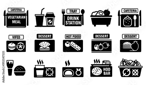 Cafeteria signage icon pack with tray labels and food service symbols in black vector style