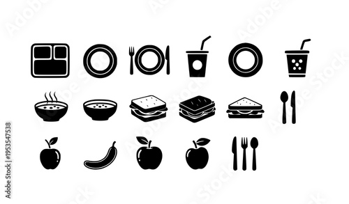 Cafeteria lunch menu icon set with tray food and utensil symbols in simple black vector design