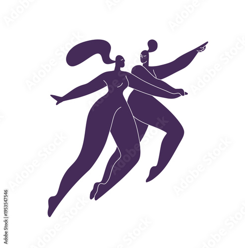 Abstract silhouettes of nude girls holding hands, pointing finger and running together. Matisse art of naked women's bodies in boho style. Flat isolated vector illustration on white background