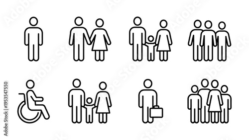 People and family icon set with disabled person and business line art