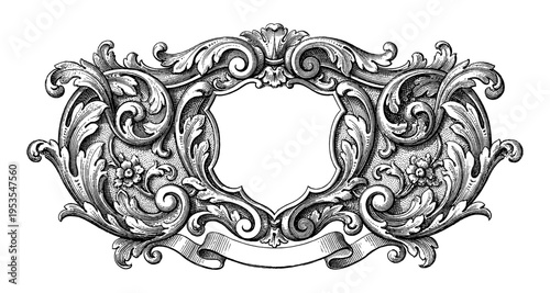 Vintage Baroque floral frame border with shield and ribbon engraving