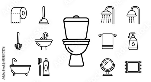 Bathroom and toilet icon set with toilet bath sink and shower line art