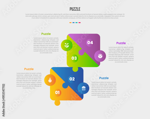 Puzzle or jigsaw base shape infographics gradient template diagram with round square box with slice part and circle badge connection with 4 point step creative