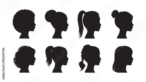 Black silhouette collection of female hairstyles ponytail