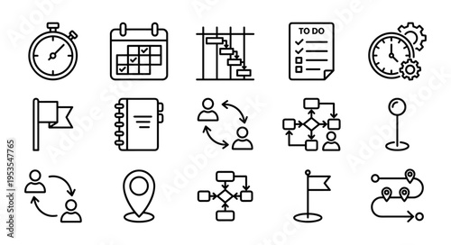 Project management and planning icon set with gantt chart line art