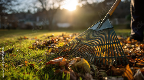 Raking autumn leaves on a grassy yard during early spring