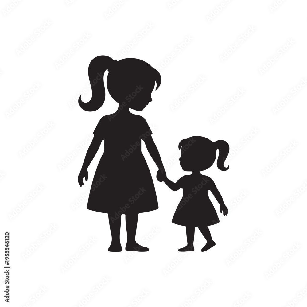 Fototapeta premium Black silhouette of a mother and daughter holding hands