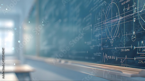 A chalkboard with complex physics diagrams, blurred classroom background