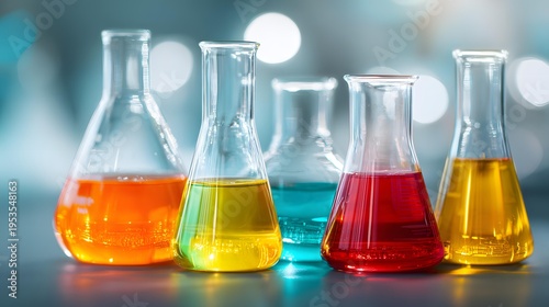 Laboratory glassware with colorful liquids, soft bokeh background, professional