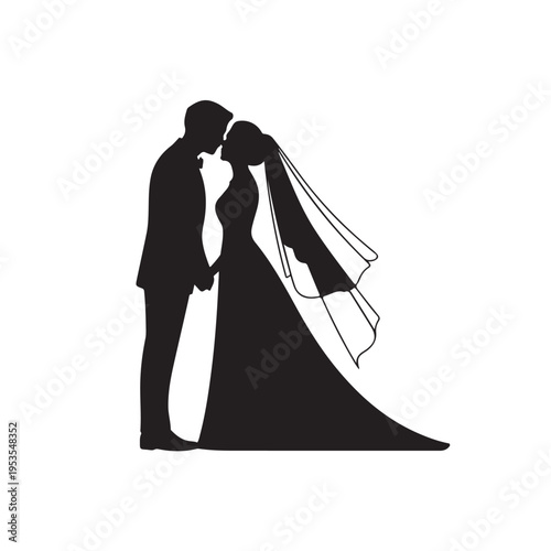 Black silhouette of bride and groom kissing wedding