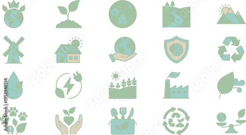 Collection of diverse green environmental icons representing nature conservation and sustainable energy concepts.