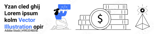 Digital marketing, programming, AI, finance, business strategy, technological progress. Woman coding, coin stack pyramid with eye. Programming and finance with symbolic visuals