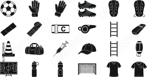 Football equipment icons set, soccer gear collection with ball gloves boots whistle training tools and field elements, sports accessories vector illustration, monochrome design pack