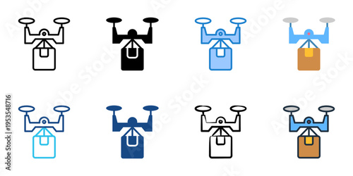 Drone delivery icons set multiple style collection. Editable stroke 
