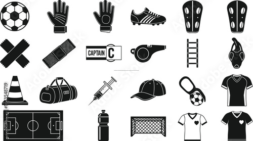 Football equipment icons set, soccer gear collection with ball gloves boots whistle and field elements, sports accessories vector, training tools illustration, monochrome design pack