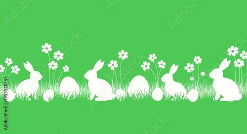White Easter bunnies and eggs in a field of flowers and grass.
