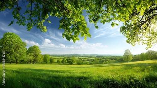 Green trees and grass in a sunny natural landscape with blue sky