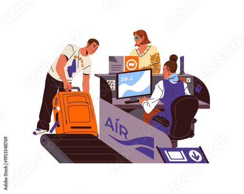 People are at check in counter at airport. Passengers with baggage pass registration at boarding gate, luggage control. Man puts suitcase on belt conveyor. Flat isolated vector illustration on white
