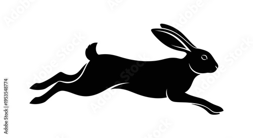 Dynamic black silhouette of a running rabbit or hare in motion.