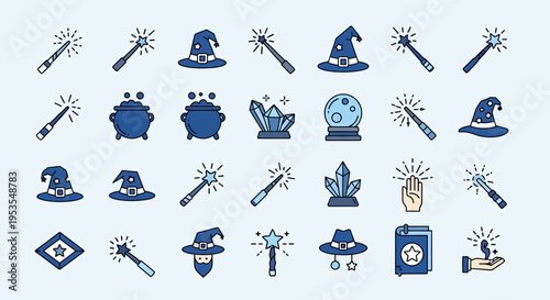 Collection of magical items and wizardry symbols in blue and orange.