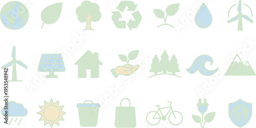 A vibrant collection of environmental, nature, and sustainability themed line icons, representing ecological concepts.