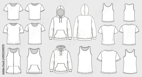 Blank T-Shirt Hoodie Tank Top Apparel Technical Flats Fashion Outline Template Vector Illustration