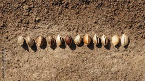 Row of seeds arranged neatly in the soil for planting