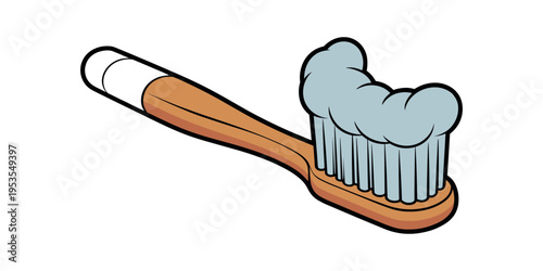 Cartoon toothbrush with gray toothpaste in white background.