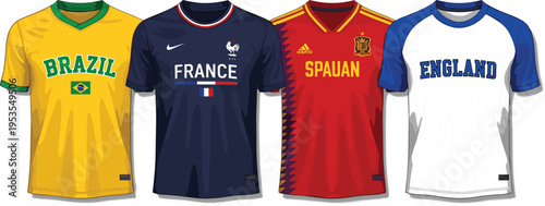 International football jerseys collection, Brazil France Spain England shirts, national team uniforms vector, soccer kit design, sports apparel illustration, world championship concept