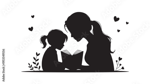 Black silhouette of mother reading a book to child 1