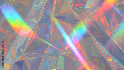 Iridescent holographic foil with rainbow colors and light reflections