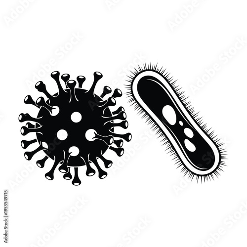 Virus and bacteria illustration in black and white style for medical and healthcare