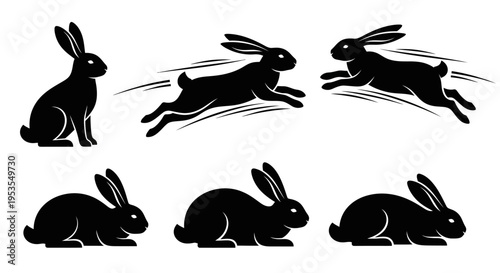 Collection of black rabbit silhouettes in various poses including sitting and running with motion lines.