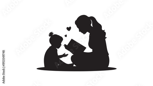Black silhouette of mother reading a book to child