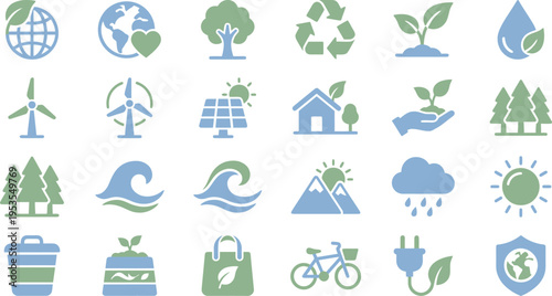 A comprehensive collection of flat design, blue and green environmental icons representing sustainability and nature conservation.